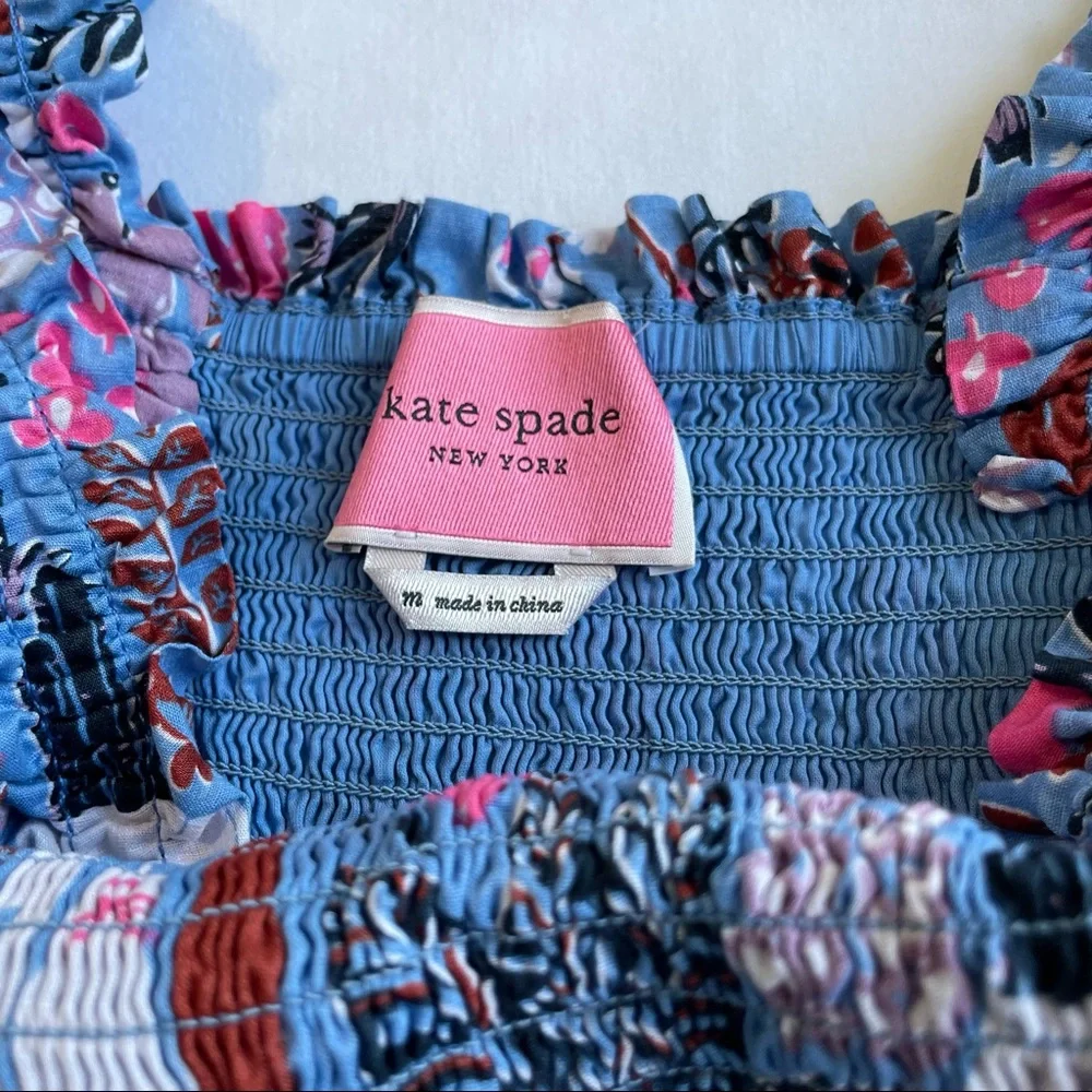 ❤️ Kate Spade Blue Garden Posy Smocked Midi Dress Casual Cotton N3 - Picture 5 of 10